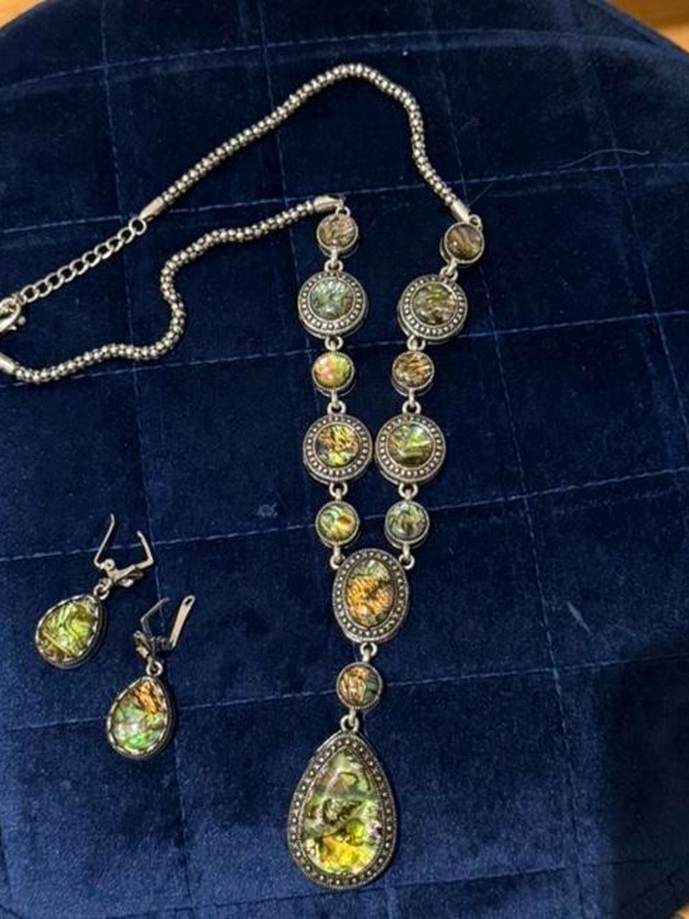 Green Abalone shell Teardrop Statement Necklace and Earring Set - Women Jewelry